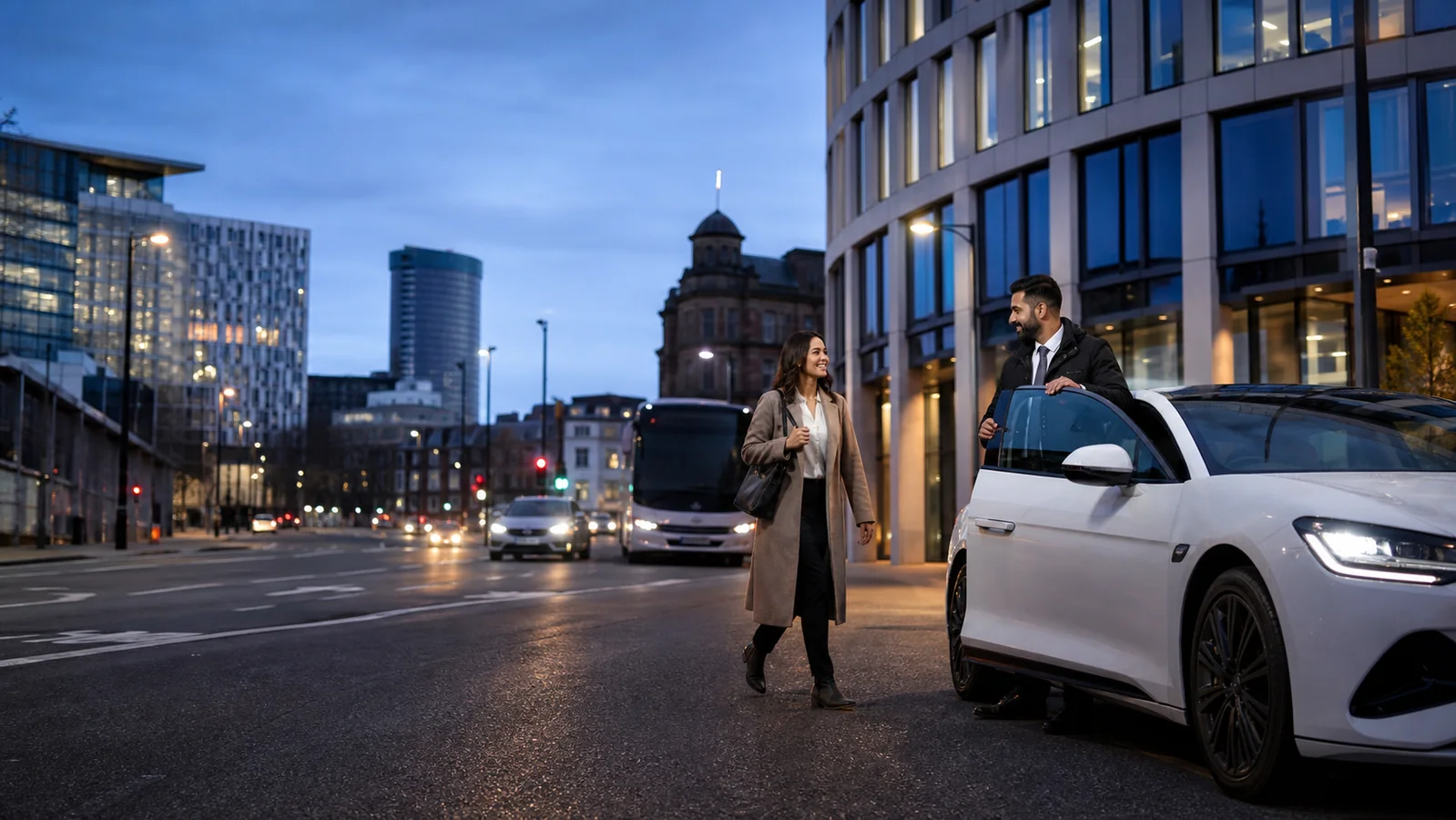 Private-hire driver meeting a passenger in Birmingham city centre